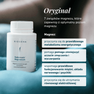 Opakowanie BIOGENA Siebensalz Magnesium na niebieskiej tkaninie, z informacjami o 7 związkach magnezu, metabolizmie energetycznym, zmęczeniu, mięśniach, układzie nerwowym i równowadze elektrolitowej.