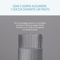 Primo piano di una goccia che cade sopra un bicchiere. Il testo spiega come assumere le gocce BIOGENA Vitamina D₃ & K₂: una goccia ogni 5 giorni durante un pasto, tenendo il flacone leggermente inclinato.