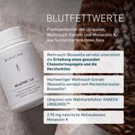 Eine BIOGENA MiraCHOL® 3.0 Dose liegt auf einer Steinoberfläche. Der Text hebt Boswellia-serrata-Extrakt zur Unterstützung eines gesunden Cholesterinspiegels und der Herzfunktion sowie Ubiquinol und Monacolin K hervor.
