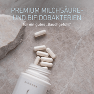 Mehrere weiße Kapseln liegen neben einer geöffneten BIOGENA Dose auf einer Steinoberfläche. Der Text beschreibt Premium-Milchsäure- und Bifidobakterien für ein gutes Bauchgefühl.