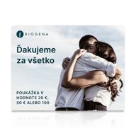 Darčeková karta BIOGENA, text Ďakujeme za všetko, objímajúci sa pár, obloha, odraz