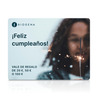 Tarjeta regalo BIOGENA, texto, persona desenfocada, bengala, chispas