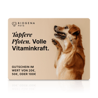 BIOGENA PETS Geschenkkarte, Hund mit erhobenen Pfoten, Text, beiger Hintergrund
