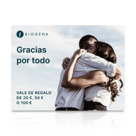 Tarjeta regalo BIOGENA, texto Äakujeme za vÅ”etko, pareja abrazĆ”ndose, cielo, reflejo