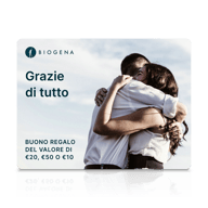 Carta regalo BIOGENA, testo Ďakujeme za všetko, coppia che si abbraccia, cielo, riflesso