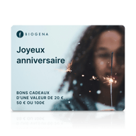 Carte-cadeau BIOGENA, texte, personne floue, cierge magique, étincelles