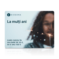 Card cadou BIOGENA, text, persoană neclară, artificiu de mână, scântei