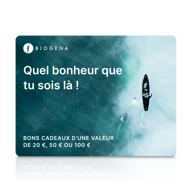Carte-cadeau BIOGENA, carte, texte, surface d’eau, kayak avec pagaie
