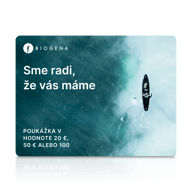 Darčeková poukážka BIOGENA, karta, text, hladina vody, kajak s pádlom