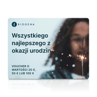 Karta podarunkowa BIOGENA, tekst, rozmyta osoba, zimne ognie, iskry