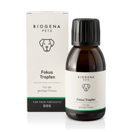 BIOGENA PETS Fokus Tropfen – Produktfoto mit Verpackung und Braunglasflasche. Ergänzungsfuttermittel für Hunde zur Unterstützung der geistigen Fitness und Konzentration.