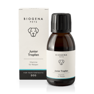 BIOGENA PETS Junior Tropfen – Produktbild mit Verpackung und Braunglasflasche. Ergänzungsfuttermittel mit Vitaminen für Welpen zur Unterstützung eines gesunden Wachstums.