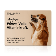Biogena Pets Gutschein-Karte, Hund mit erhobenen Pfoten, Text, beiger Hintergrund, Spiegelung