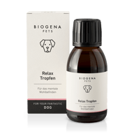 BIOGENA PETS Relax Tropfen – Produktfoto mit Verpackung und Braunglasflasche. Ergänzungsfuttermittel für Hunde zur Unterstützung des mentalen Wohlbefindens und zur Beruhigung.