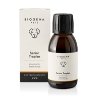 BIOGENA PETS Senior Tropfen – Produktfoto mit Verpackung und Braunglasflasche. Ergänzungsfuttermittel mit Vitaminen für ältere Hunde zur Unterstützung von Vitalität und Gesundheit im Alter.