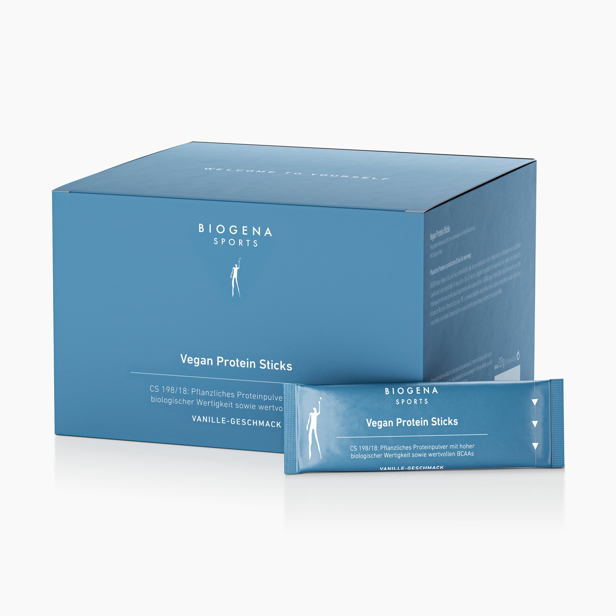 Biogena Sports, Vegan Protein Sticks, Karton, petrol, CS 198/18: Pflanzliches Proteinpulver mit hoher biologischer Wertigkeit sowie wertvollen BCAAs