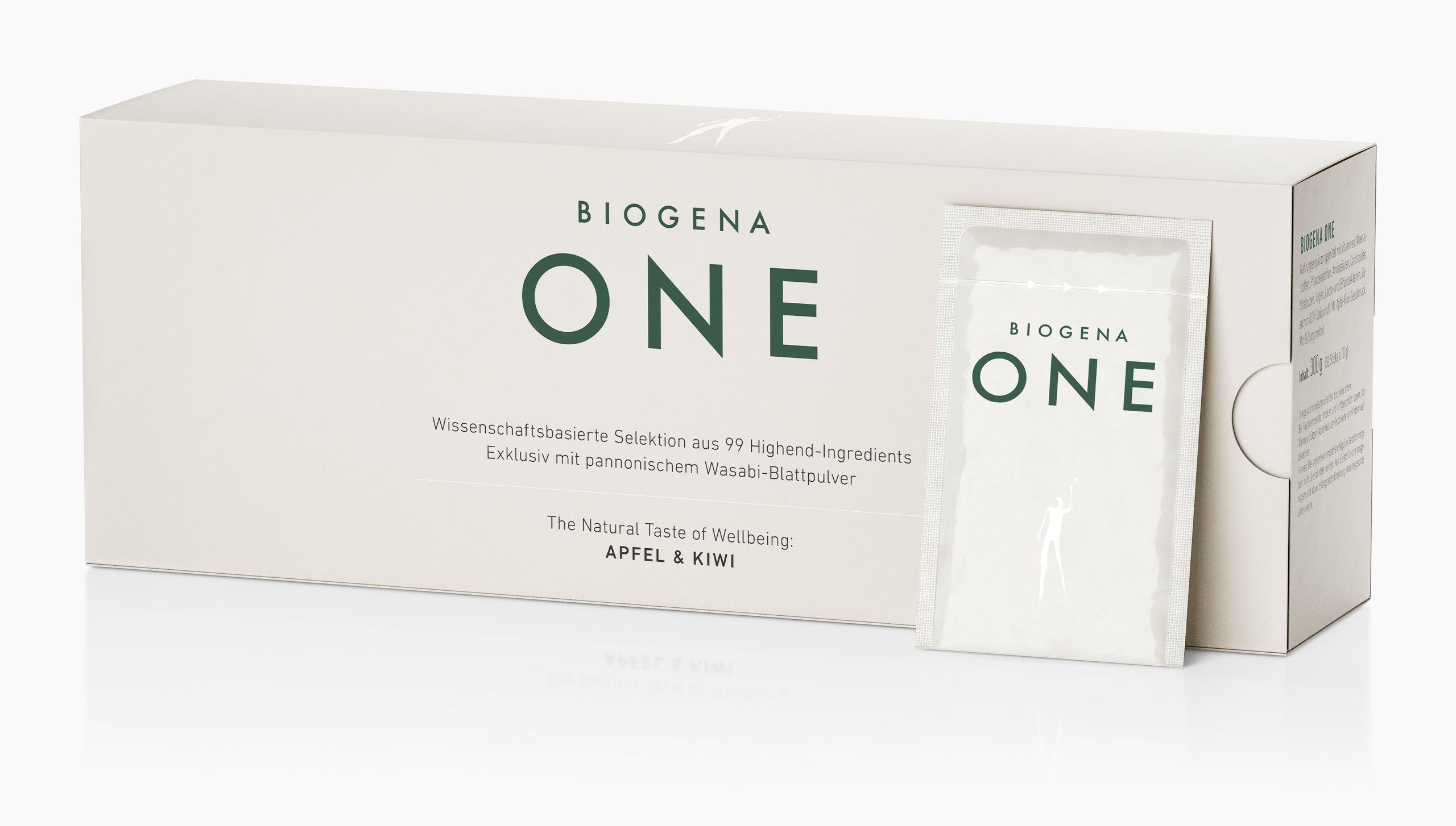 Biogena One, ONE, Carton, white, Science-based selection of 99 high-end ingredients Exclusive with Pannonian wasabi leaf powder