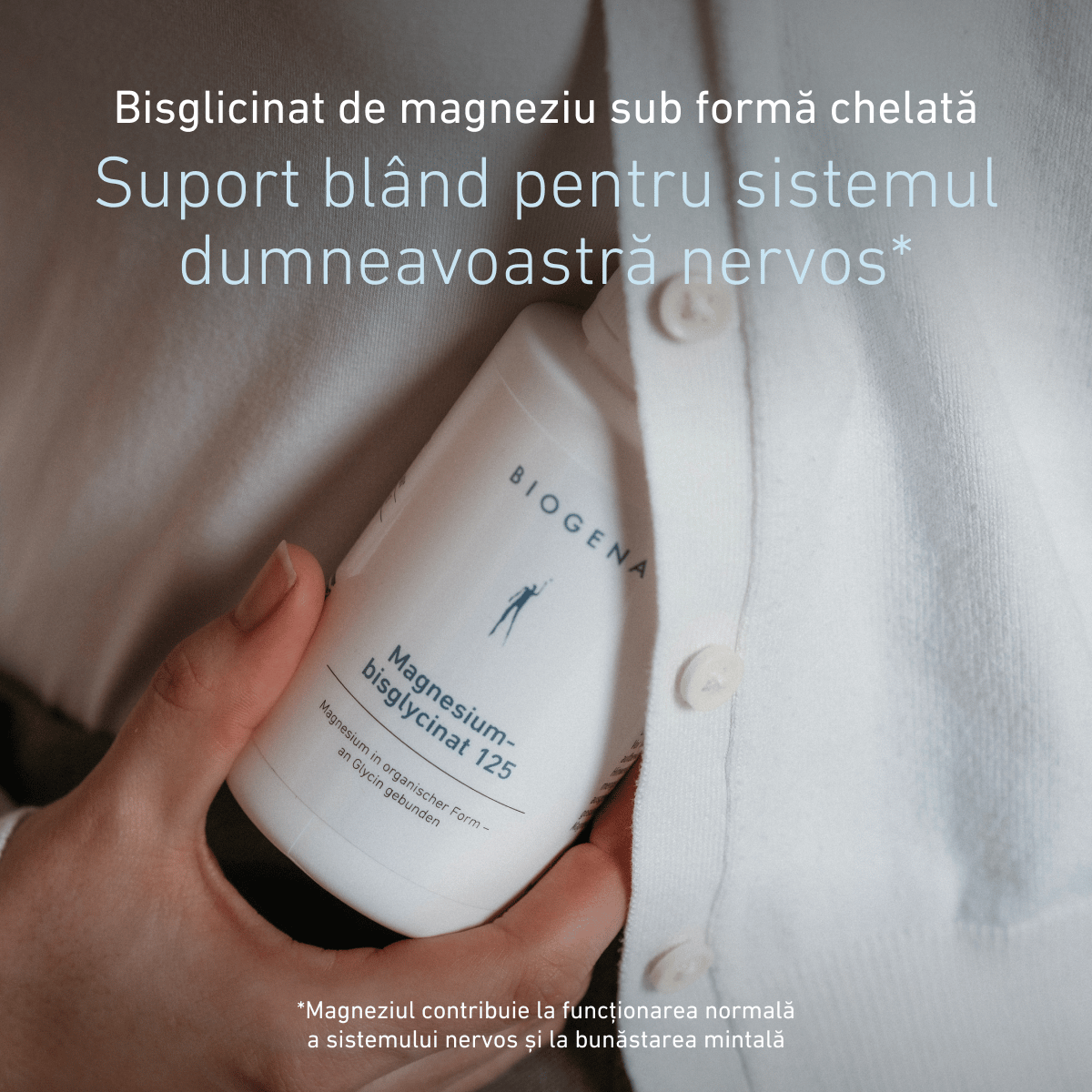 Biogena, Magnesium-bisglycinat 125, Sticlă, alb, Magneziu în formă organică – legat de glicină