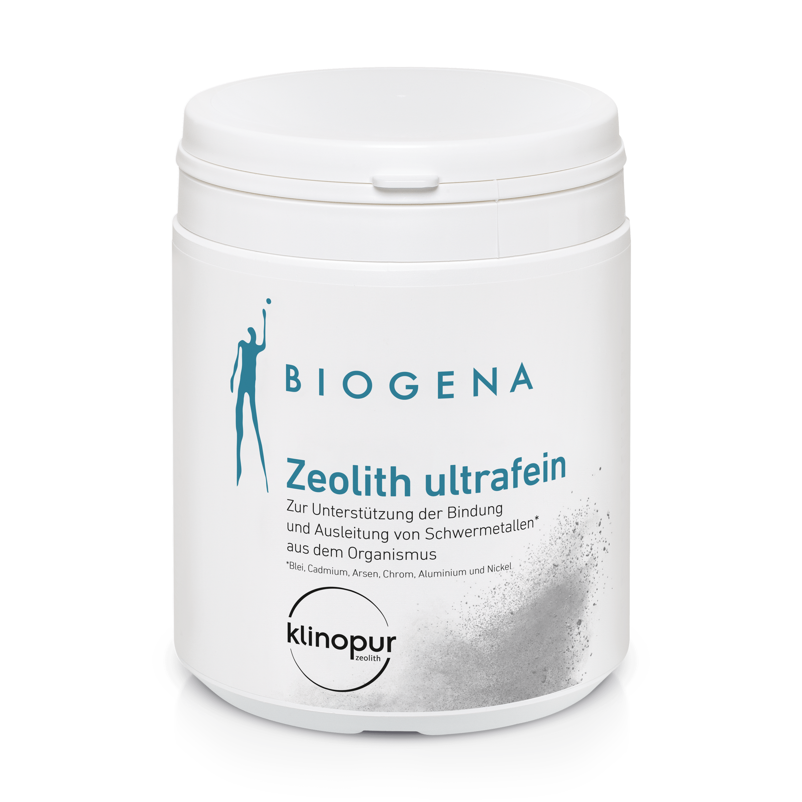 Biogena, Zeolith ultrafein, Borcan, alb, Pentru susținerea legării și eliminării metalelor grele* din organism *Plumb, cadmiu, arsen, crom, aluminiu și nichel.