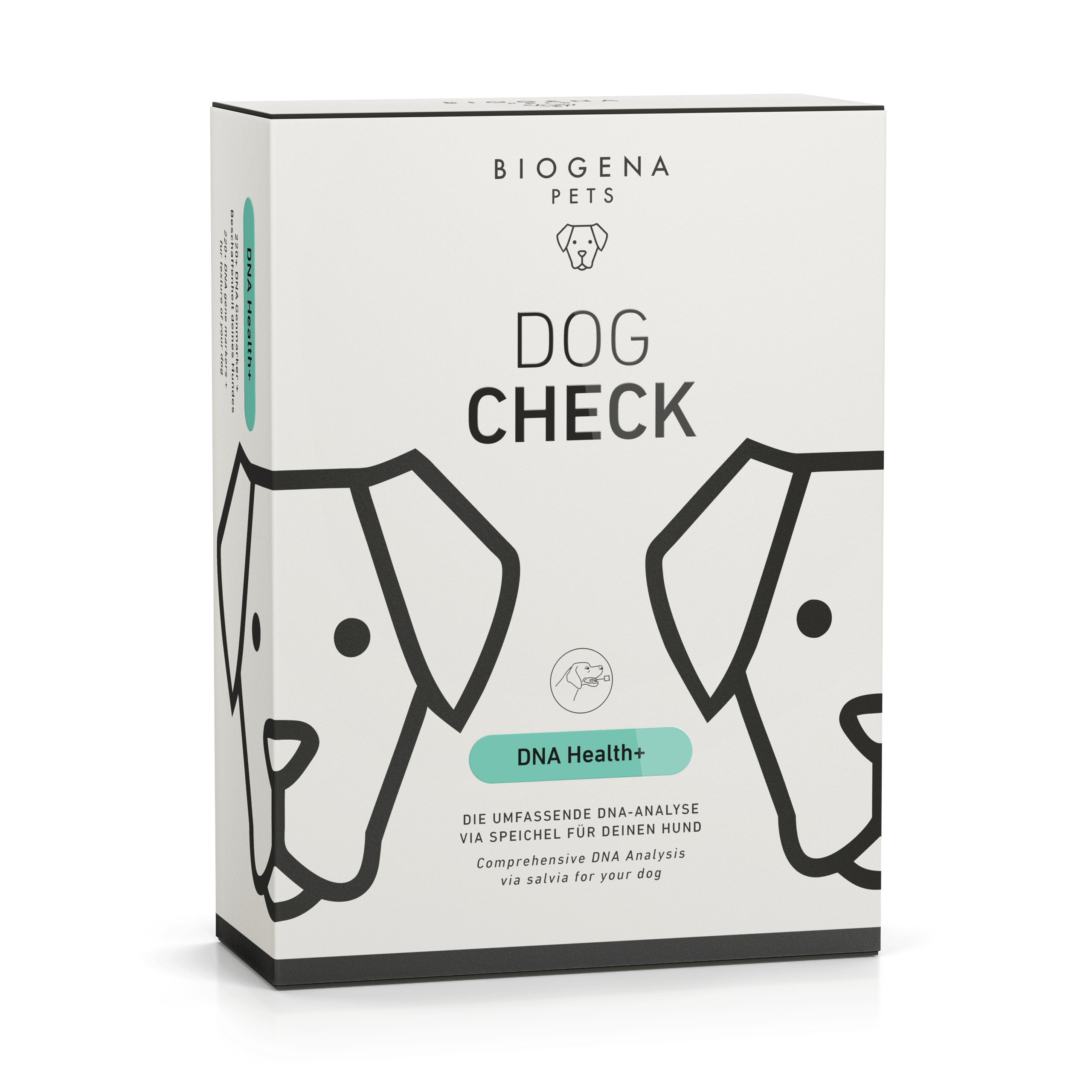 BIOGENA PETS Dog Check Dna Health+ Verpackung mit Hund Icon auf beigem Hintergrund