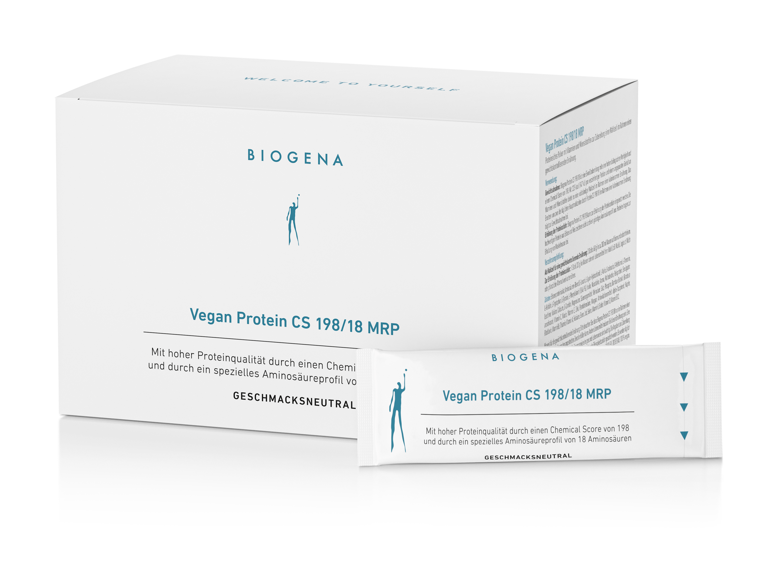Biogena, Vegan Protein CS 198/18 MRP, Cutie, alb, Cu calitate proteică ridicată datorită unui Chemical Score de 198 și unui profil special de aminoacizi de 18 aminoacizi