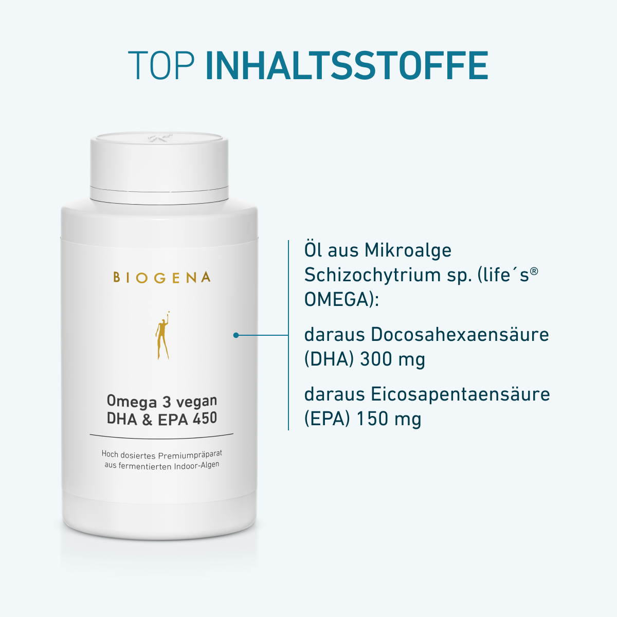 Biogena, Omega 3 vegan DHA & EPA 450, Flasche, weiß, Hoch dosiertes Premiumpräparat aus fermentierten Indoor-Algen