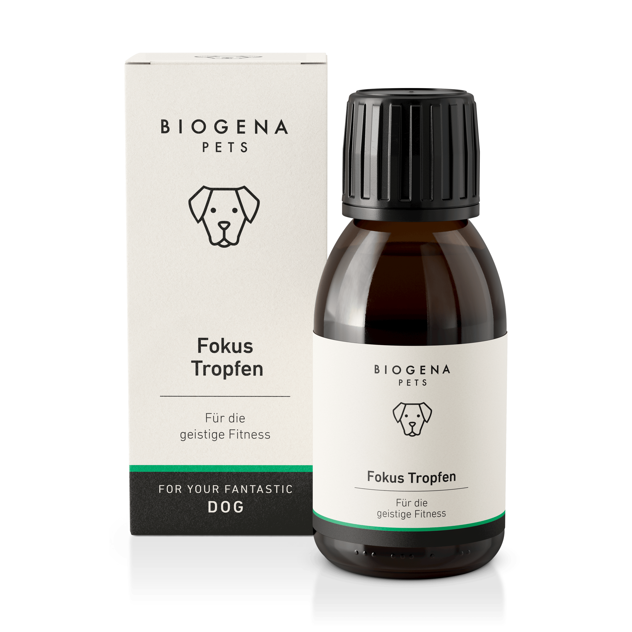 BIOGENA PETS Fokus Tropfen für die geistige Fitness in brauner Glasflasche mit Pipette und weißer Verpackung mit schwarzer Schrift und Hundesymbol