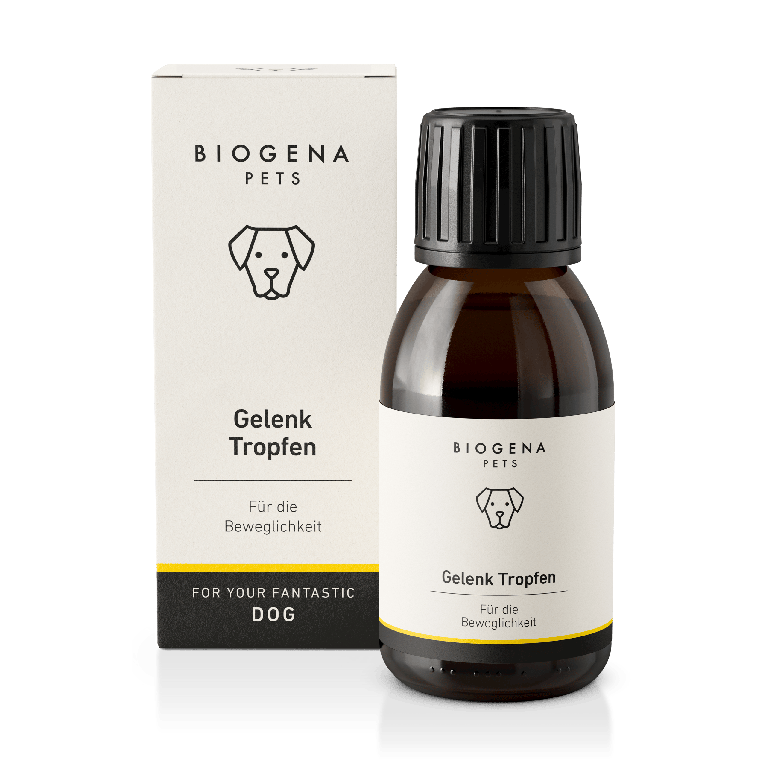 BIOGENA PETS Gelenk Tropfen für die Beweglichkeit in brauner Glasflasche mit Pipette und weißer Verpackung mit schwarzer Schrift und Hundesymbol