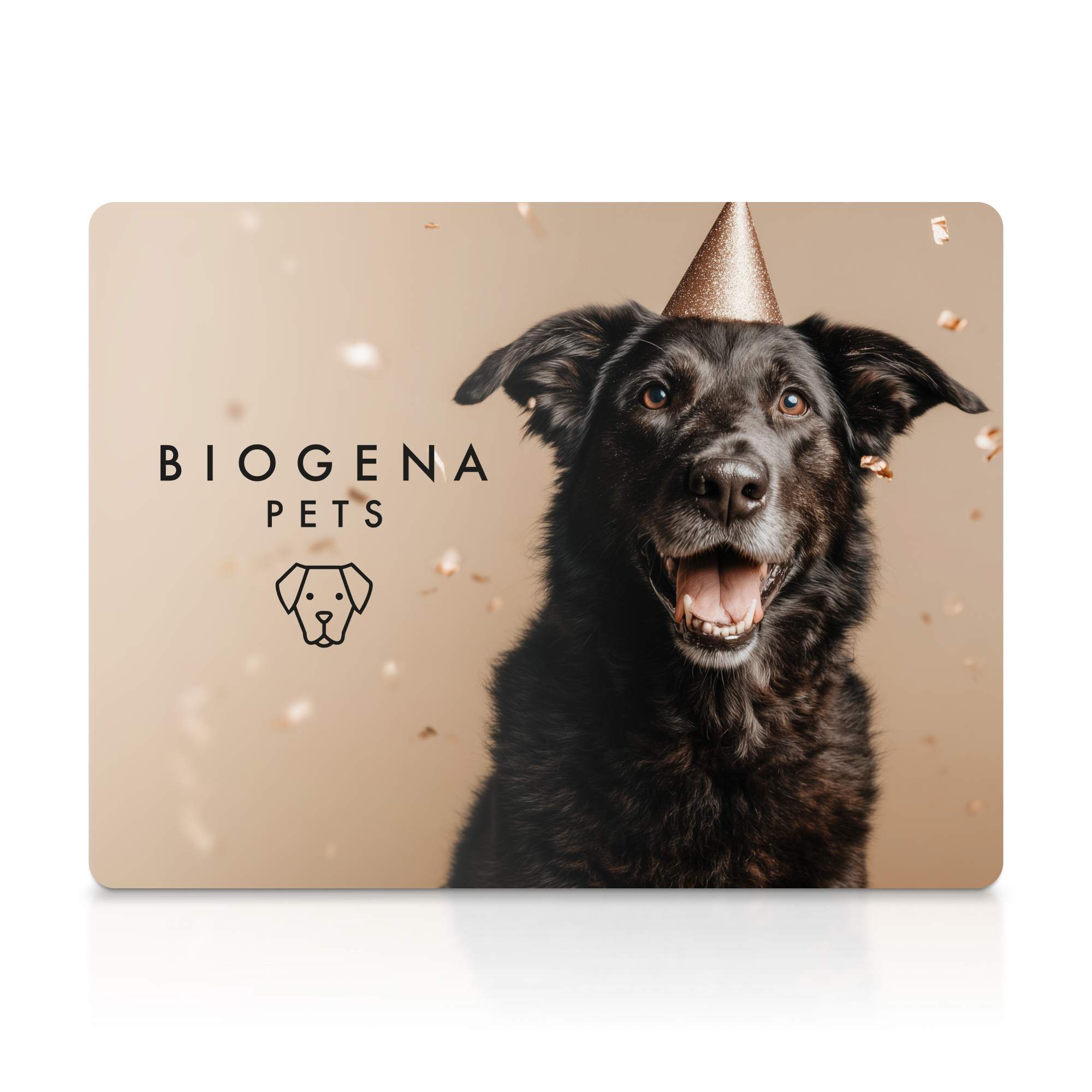 Beige Karte mit Text "BIOGENA PETS". Rechts ein fröhlicher schwarzer Hund mit Partyhut vor beigem Hintergrund und fliegendem Konfetti.