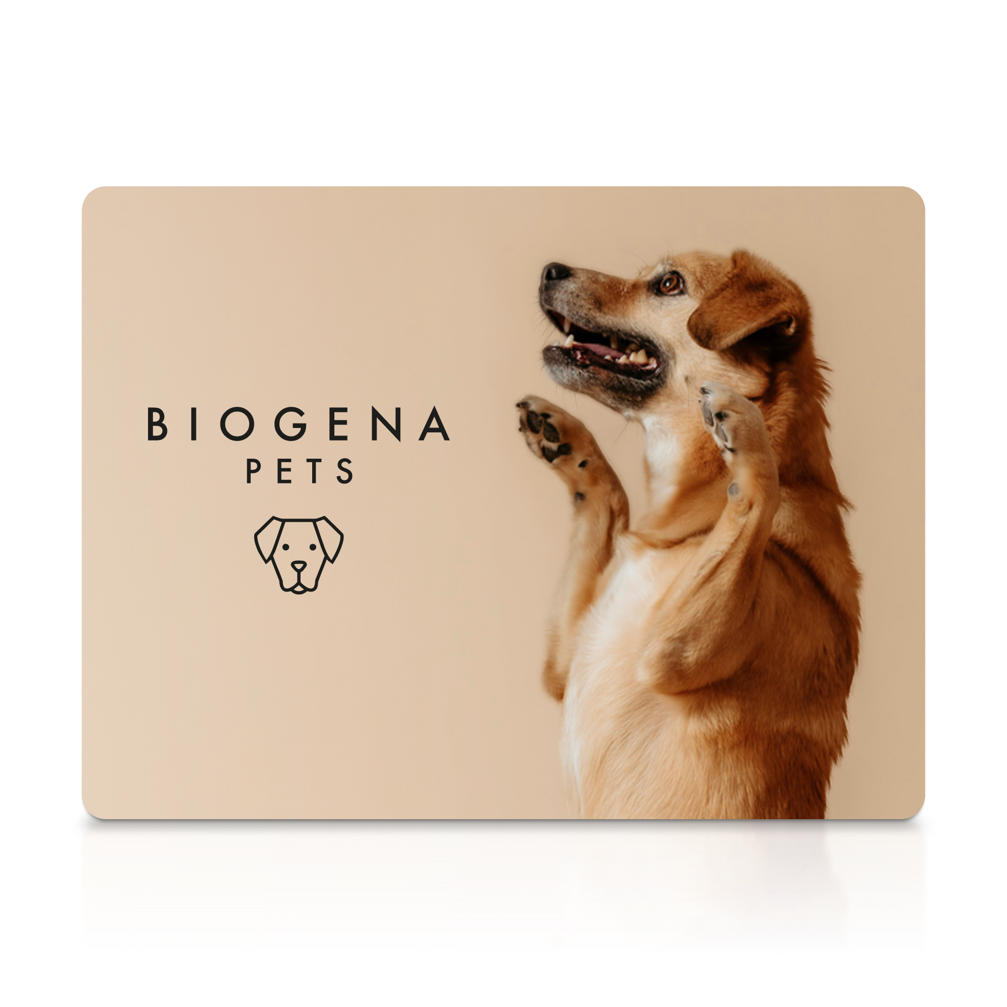 Beige Karte mit Text „BIOGENA PETS". Rechts ein fröhlicher hellbrauner Hund, der auf den Hinterbeinen sitzt und die Pfoten hebt.