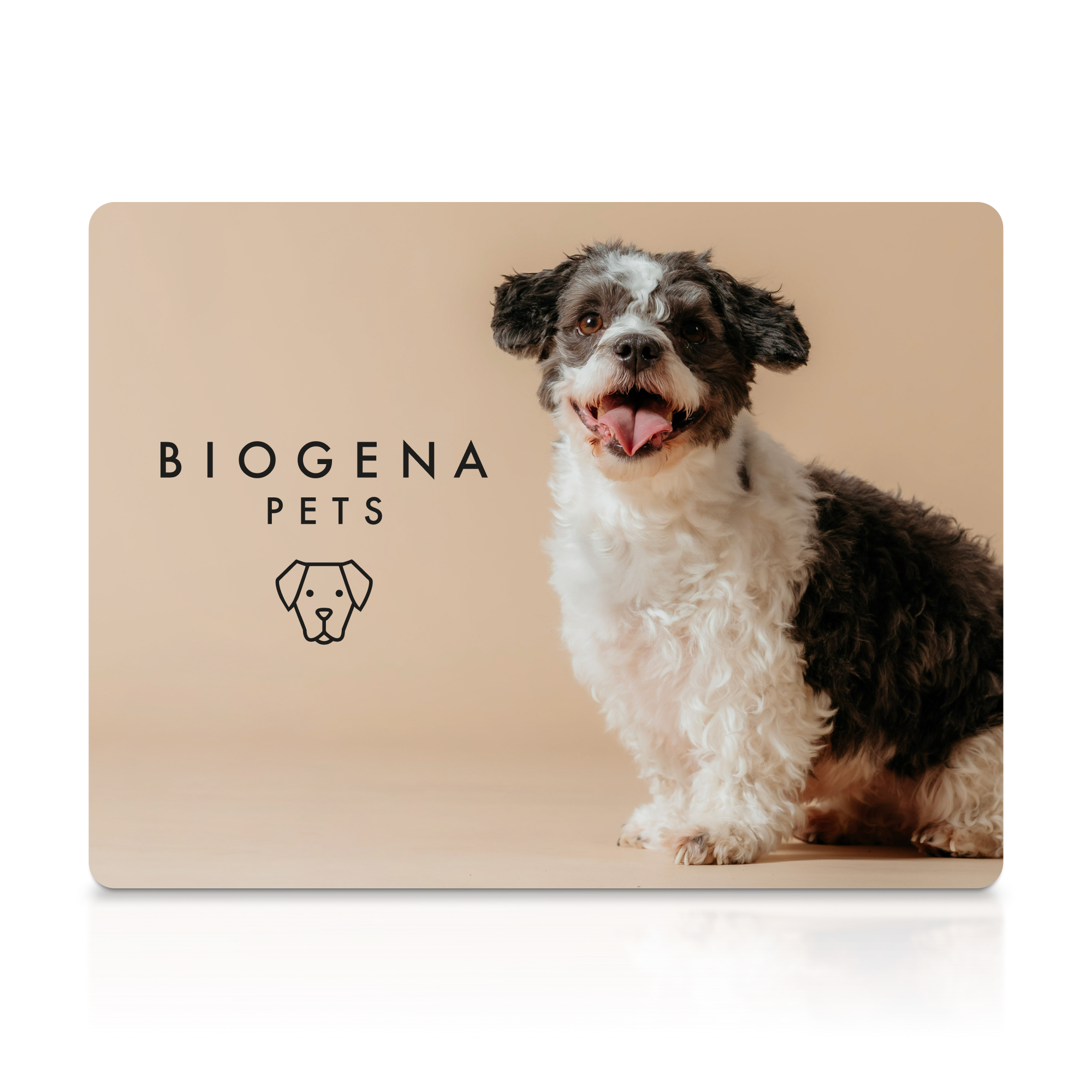 Beige Karte mit Text „BIOGENA PETS".Rechts ein schwarz-weißer, lachender Hund mit lockigem Fell vor beigem Hintergrund.