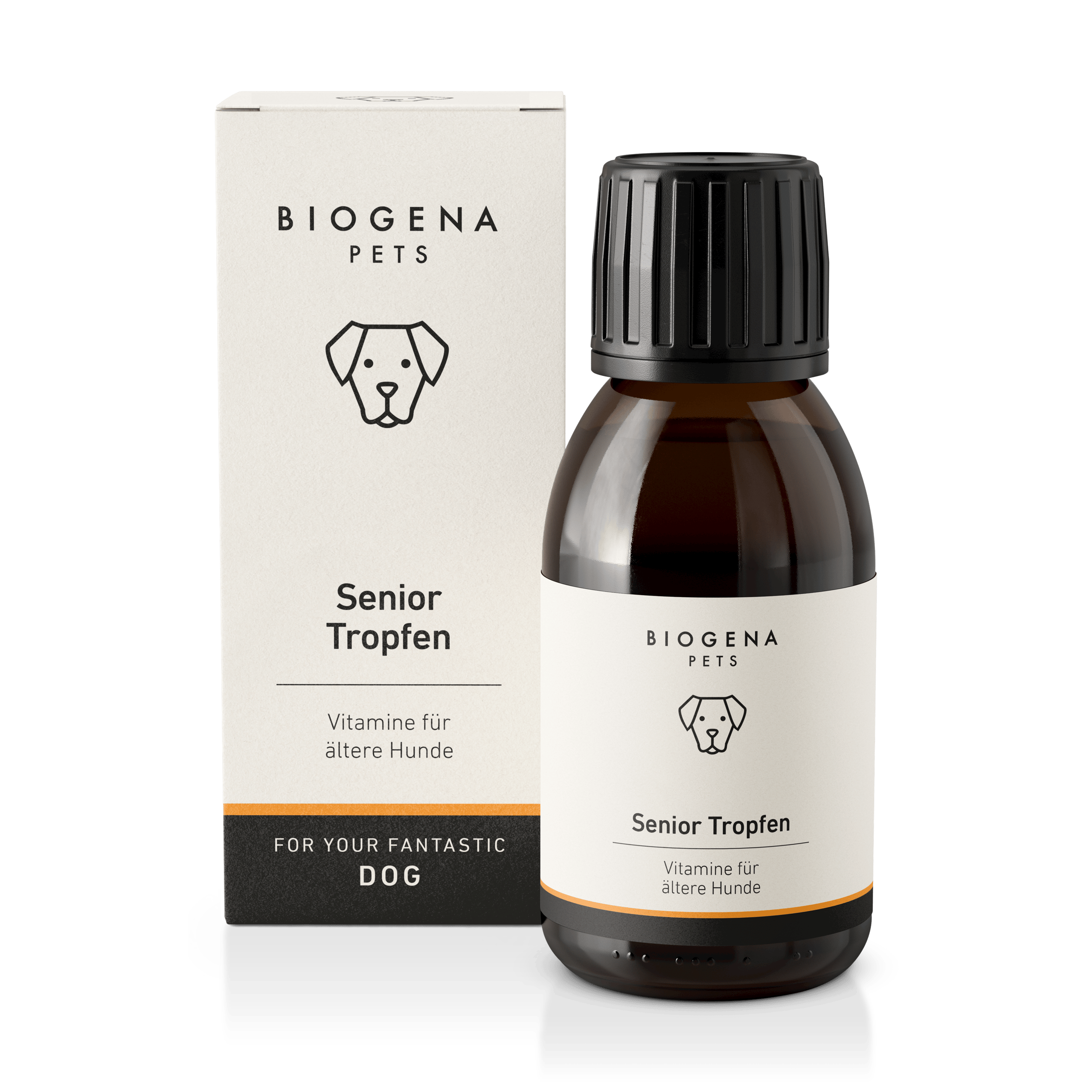 BIOGENA PETS Senior Tropfen Vitamine für ältere Hunde in brauner Glasflasche mit Pipette und weißer Verpackung mit schwarzer Schrift und Hundesymbol