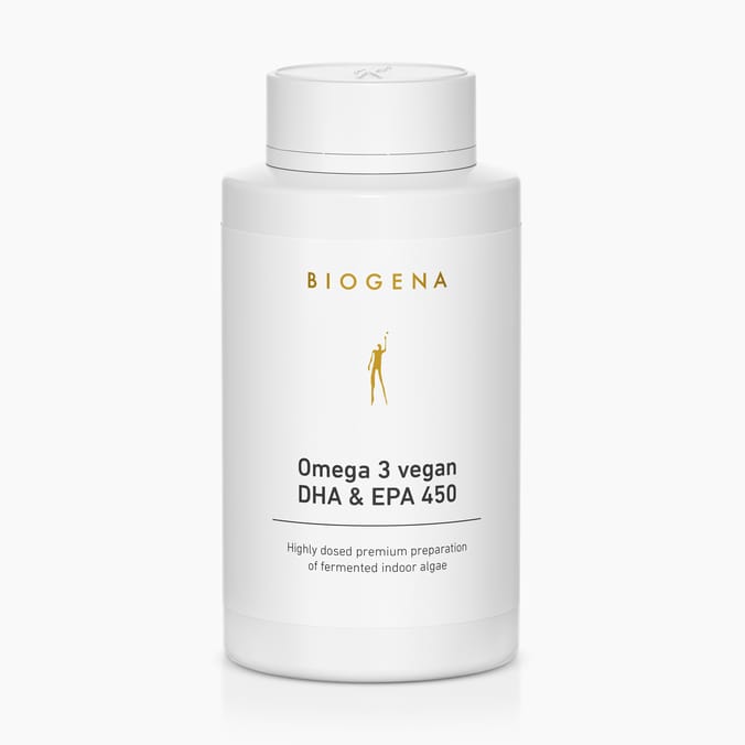 Biogena, Omega 3 vegan DHA & EPA 450, Bottle, white, Highly dosed premium preparation of fermented indoor algae