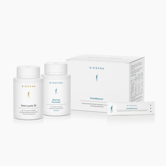 Pacchetto intestino sano Biogena, ColonBalance®, Cartone, bianco, Fibre alimentari vegetali solubili per aumentare l’apporto di fibre