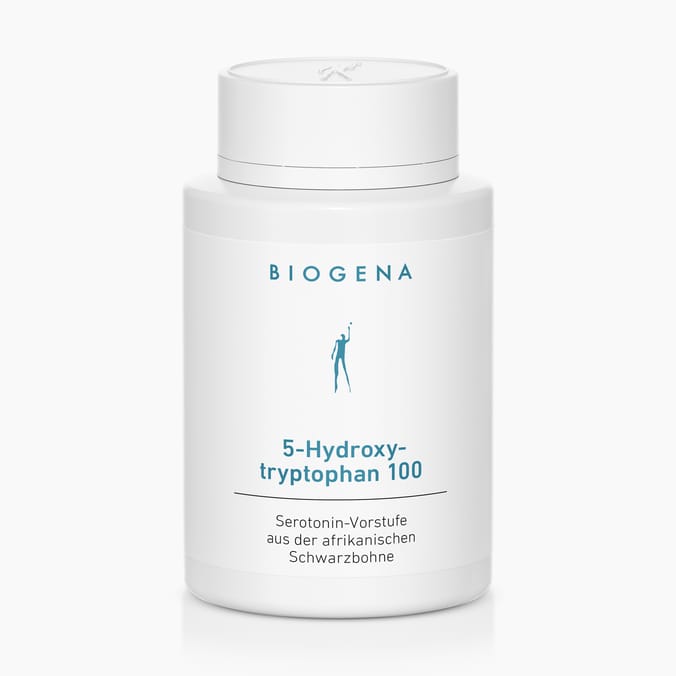 Biogena, 5-Hydroxy-tryptophan 100, Botella, blanco, Precursor de serotonina de la judía negra africana