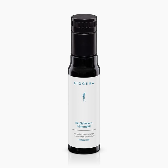 Biogena, Bio Schwarz-kümmelöl, Bottiglia, bianco, con timochinone e acido linoleico naturalmente presenti spremuto a freddo