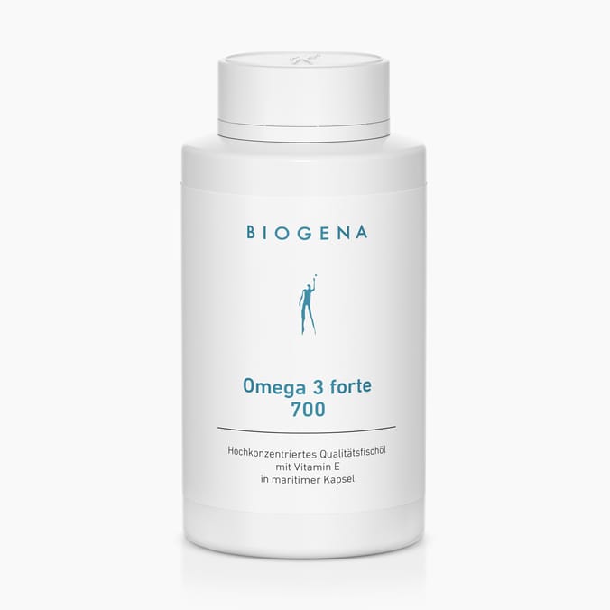 Omega 3 forte 700 Biogena, Omega 3 forte 700, Flasche, weiß, Hochkonzentriertes Qualitätsfischöl mit Vitamin E in maritimer Kapsel