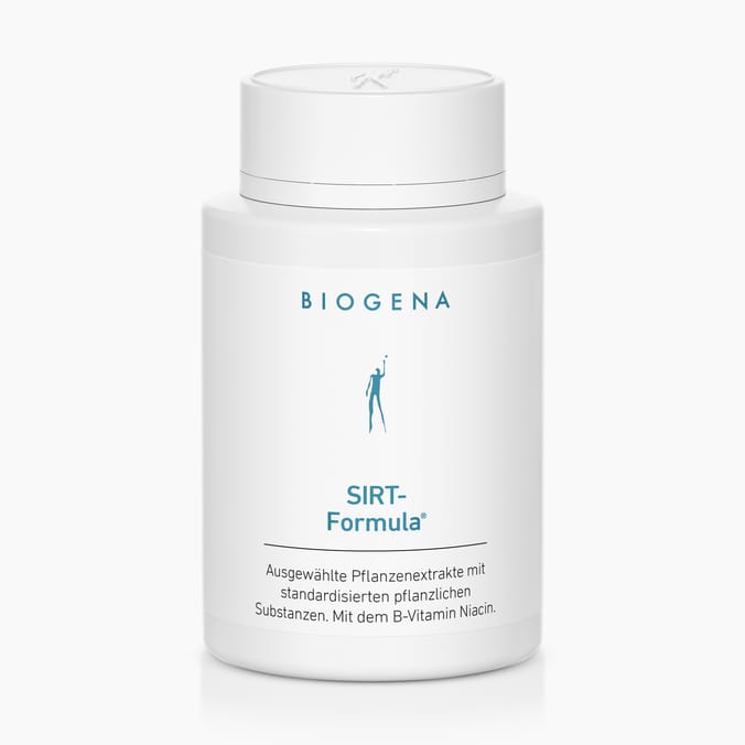 Biogena, SIRT-Formula®, Flasche, weiß, Ausgewählte Pflanzenextrakte mit standardisierten pflanzlichen Substanzen. Mit dem B-Vitamin Niacin.