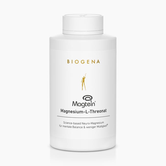 Magtein® Magnésium L-Thréonate de BIOGENA dans un flacon blanc. Neuro-magnésium fondé sur la science pour soutenir l’équilibre mental et contribuer à réduire la fatigue.