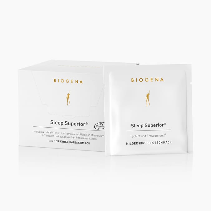 BIOGENA Sleep Superior® premium complex with Magtein® magnesium L-threonate and selected plant extracts for sleep and relaxation. Sachet with a mild cherry flavor.