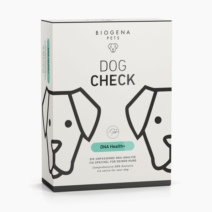 BIOGENA PETS Dog Check Dna Health+ Verpackung mit Hund Icon auf beigem Hintergrund