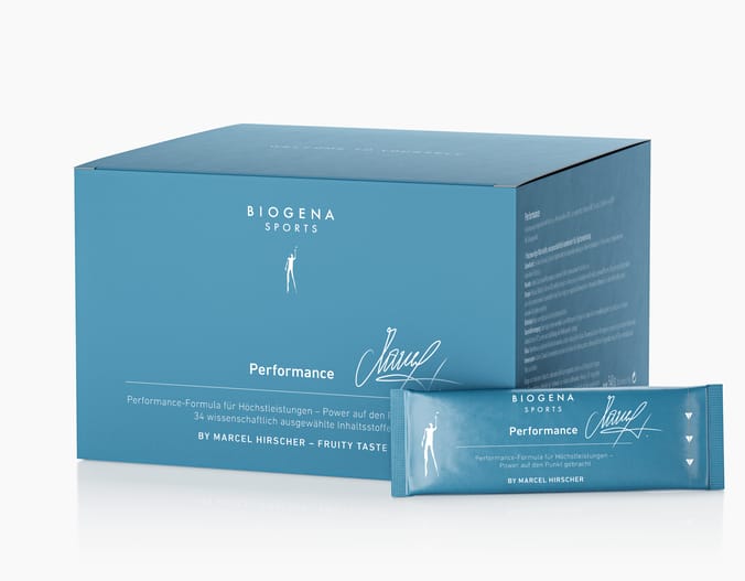 Biogena Sports, Performance, Karton, petrol, Performance-Formula für Höchstleistungen – Power auf den Punkt gebracht 34 wissenschaftlich ausgewählte Inhaltsstoffe BY MARCEL HIRSCHER – FRUITY TASTE