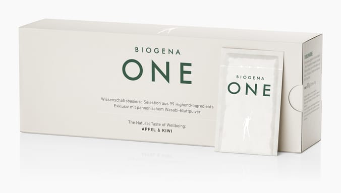 Biogena One, ONE, Carton, white, Science-based selection of 99 high-end ingredients Exclusive with Pannonian wasabi leaf powder