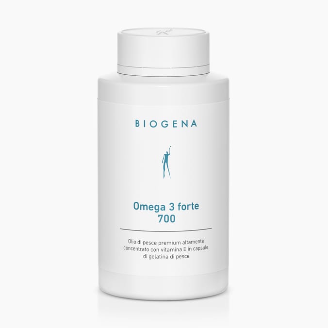 Biogena, Omega 3 forte 700, Bottiglia, bianco, Olio di pesce premium altamente concentrato con vitamina E in capsule di gelatina di pesce