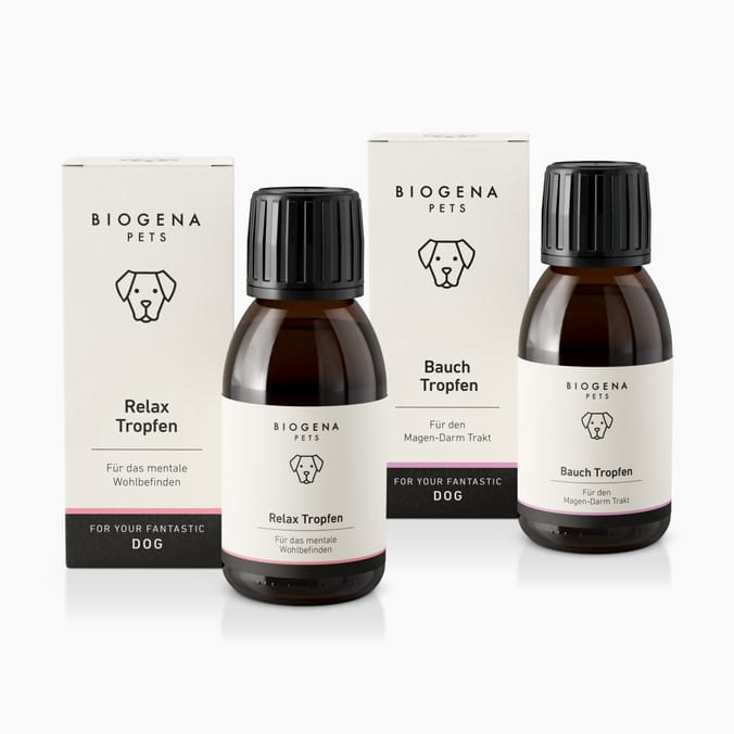 Product image of BIOGENA PETS Relax Drops and Belly Drops for dogs. Shown are one box and one dropper bottle of each product. Relax Drops support mental well-being, while Belly Drops support the gastrointestinal tract.