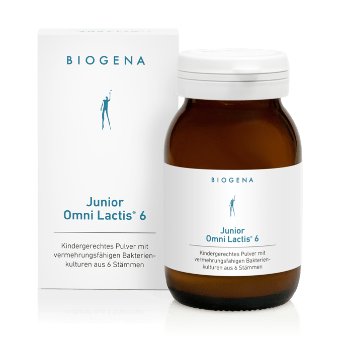 Biogena, Junior Omni Lactis® 6, Cutie, alb, Pulbere potrivită pentru copii cu culturi bacteriene capabile de multiplicare din 6 tulpini