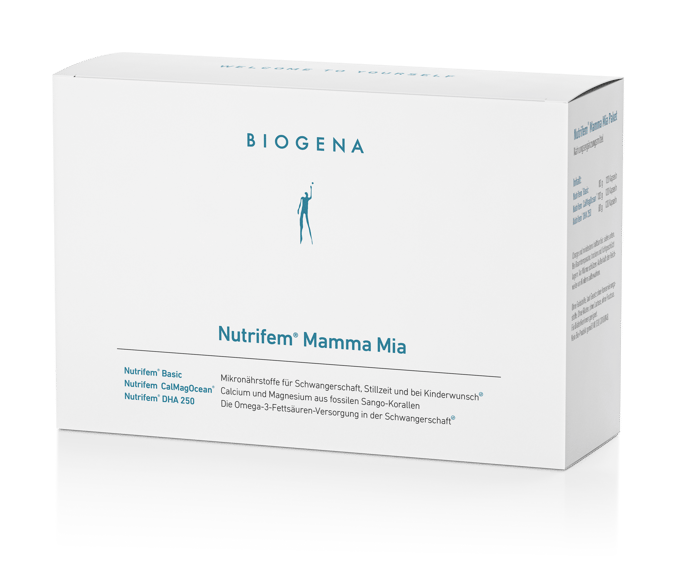 Biogena, Nutrifem® Mamma Mia, Cutie, alb, Micronutrienți pentru sarcină, alăptare și în cazul dorinței de a avea copii® / Calciu și magneziu din corali Sango fosili / Aportul de acizi grași omega-3 în sarcină®