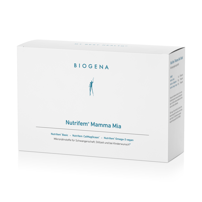 Biogena, Nutrifem® Mamma Mia, Cutie, alb, Nutrifem® Basic · Nutrifem CalMagOcean® · Nutrifem® Omega-3 vegan Micronutrienți pentru sarcină, alăptare și când îți dorești un copil®