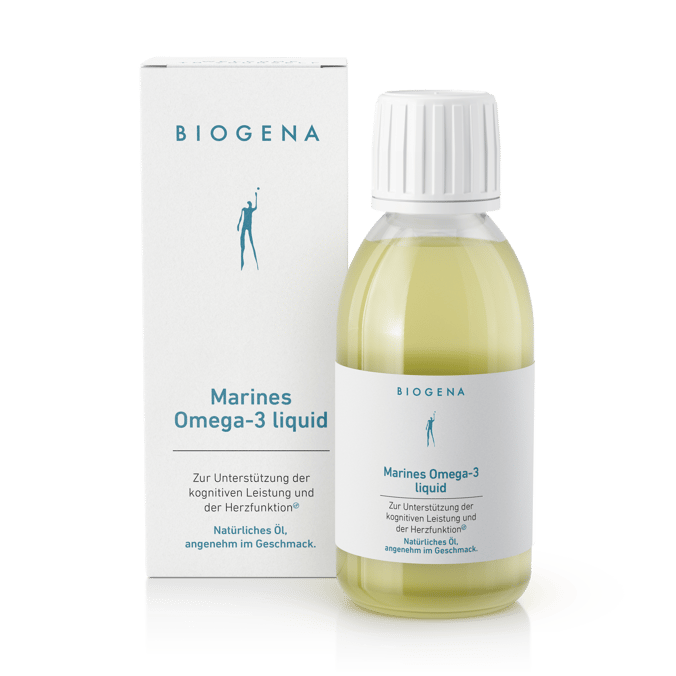 Biogena, Marines Omega-3 liquid, Sticlă, alb, Pentru susținerea performanței cognitive și a funcției inimii® Ulei natural, cu gust plăcut.