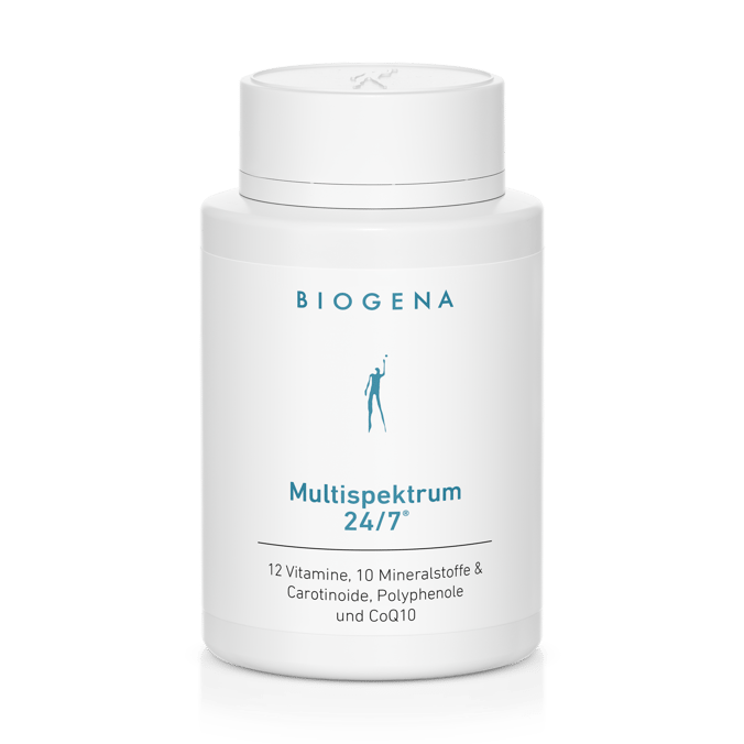 Biogena, Multispektrum 24/7®, Sticlă, alb, 12 vitamine, 10 minerale și carotenoide, polifenoli și CoQ10